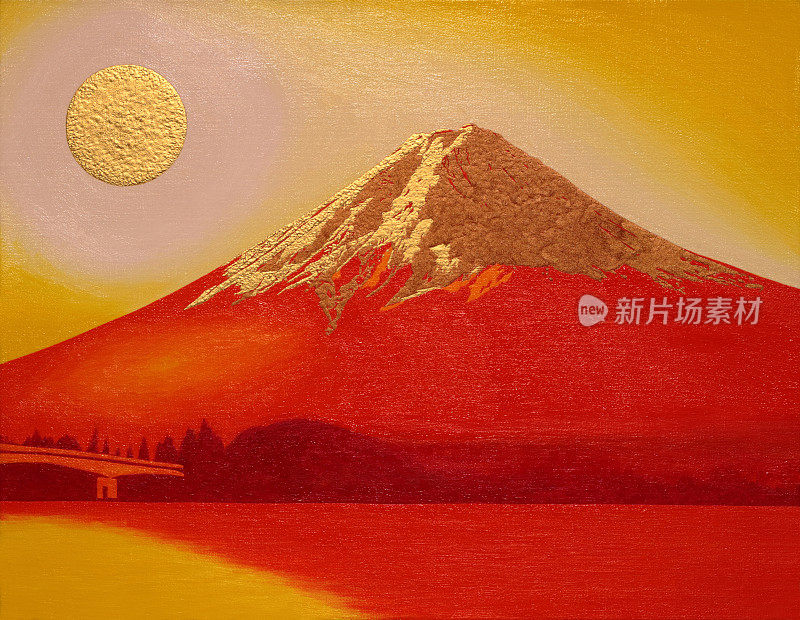 河口湖からの金の太陽の赤富士