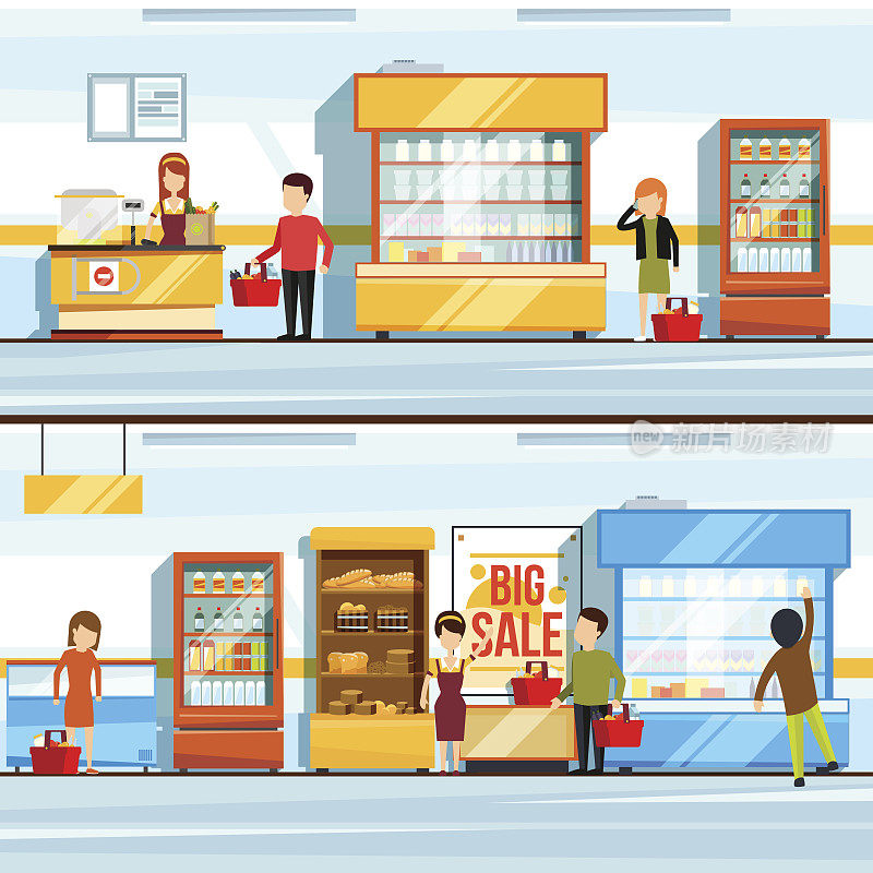 矢量概念插图的购物。人们在超市内部。商店柜台和不同的产品。付款行