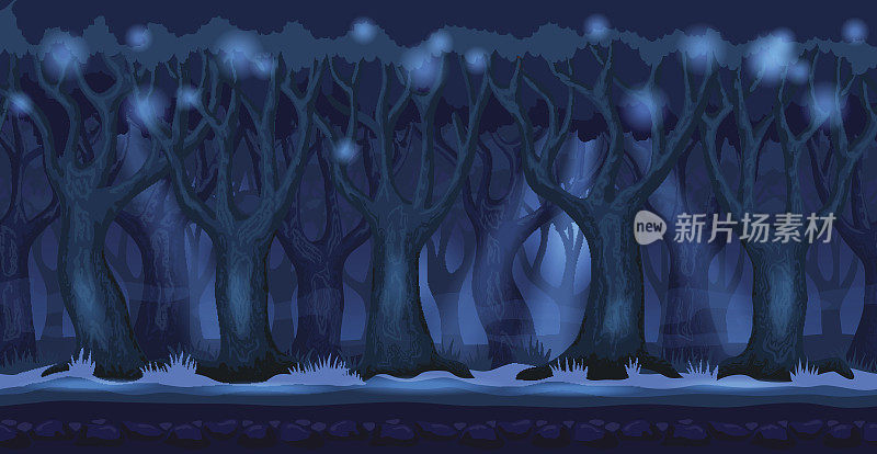 卡通森林在黑暗的夜晚视频游戏背景