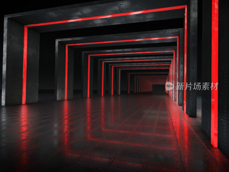狭长的黑暗走廊内部与未来的光。三维渲染