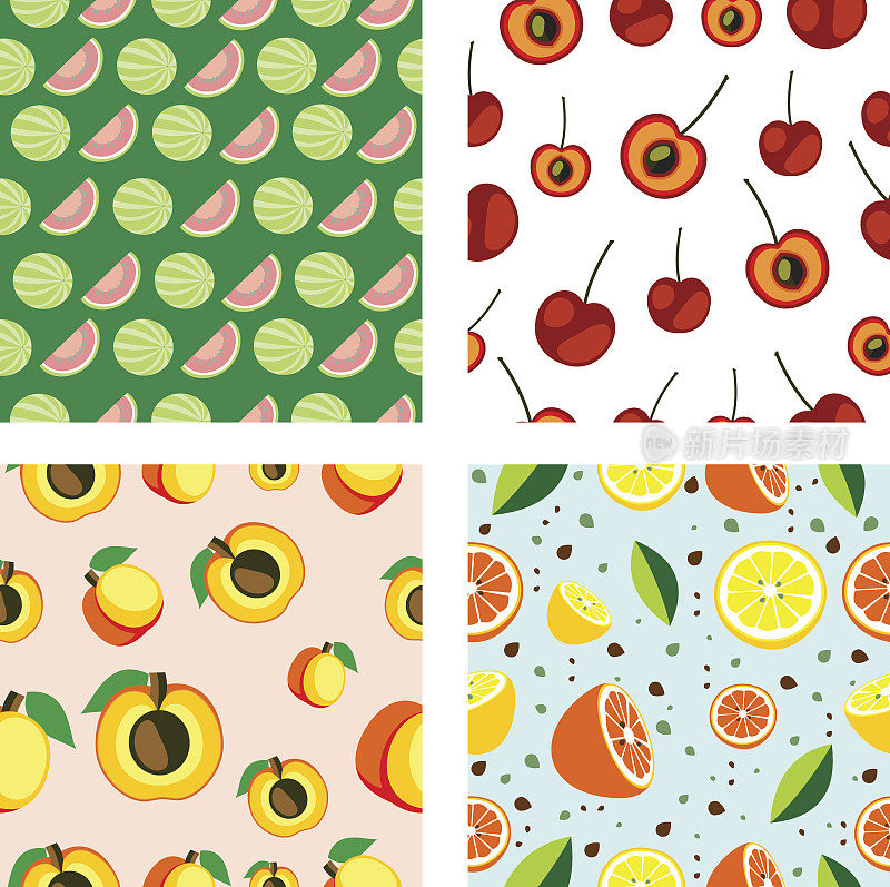 一套矢量无缝水果模式。樱桃、西瓜、杏子、柠檬和橙子搭配不同的明亮背景。系列水果和套图案。