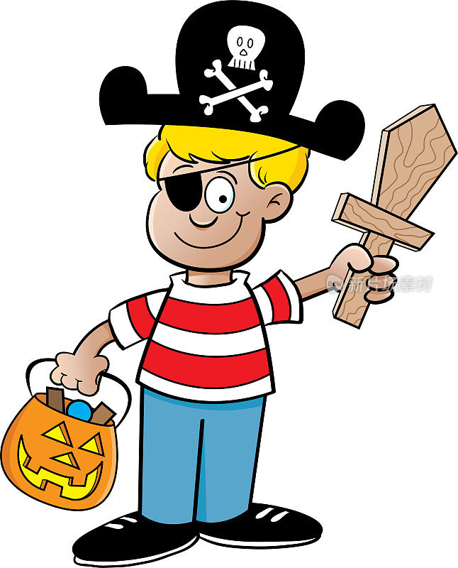 卡通男孩装扮成海盗。