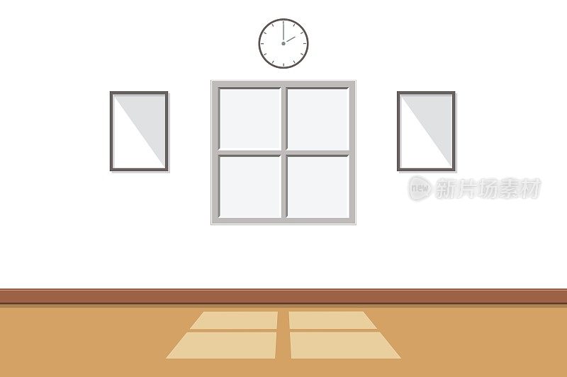 白色房间内部有阳光透过窗户与空墙背景，矢量插图