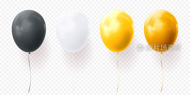 彩色气球矢量透明背景光泽逼真的黑色气球生日派对