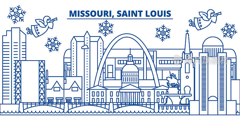 美国密苏里州圣路易斯冬季城市的天际线。圣诞快乐，新年快乐的横幅装饰。冬天的贺卡上有雪花和圣诞老人。平,行向量。线性圣诞插图