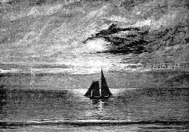 19世纪的一艘以黑暗为背景的帆船雕刻;1890年维多利亚海景