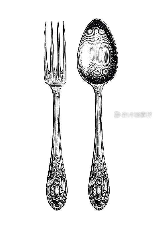 复古勺子和叉子手绘，勺子和叉子素描艺术孤立在白色背景