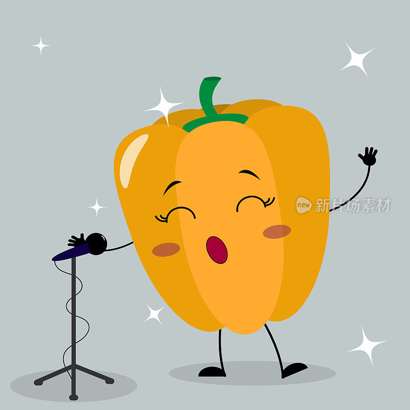 卡通风格的可爱橘椒笑脸对着麦克风唱歌