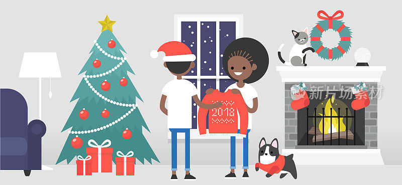 圣诞快乐。一对年轻的黑人角色在庆祝圣诞节。装修过的客房内有一座壁炉。宠物。舒适的内部。平面可编辑矢量插图，剪辑艺术