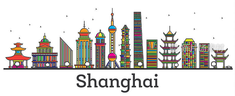 用白色隔离的现代建筑勾勒出上海中国城市的天际线。