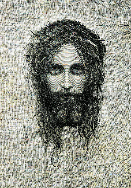 耶稣戴着荆棘王冠在十字架上作画