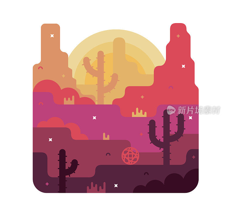 烈日下的沙漠，岩石和仙人掌。游戏设计中的矢量卡通插图