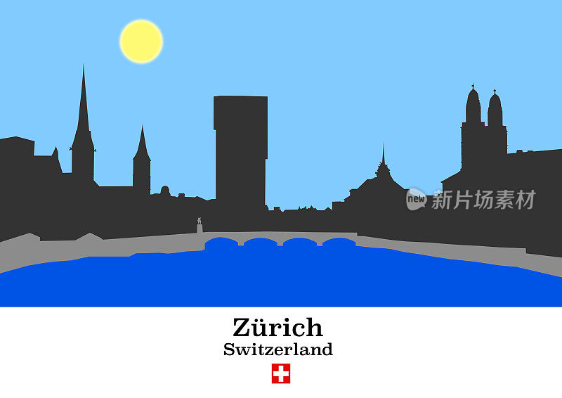 Zürich的旧城剪影，有教堂、桥梁、利马特河和现代摩天大楼。