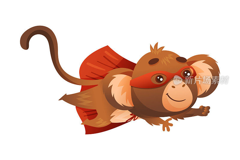 动物猴子角色超级英雄穿着面具和红色斗篷或披风飞行向前矢量插图