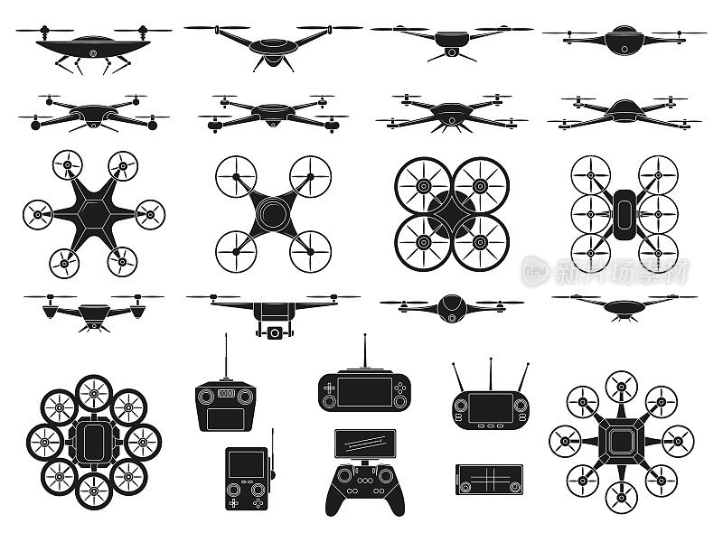 无人机图标，空中四旋翼飞行器轮廓符号。现代无人驾驶飞行器矢量插图集。空中四轴飞行器技术