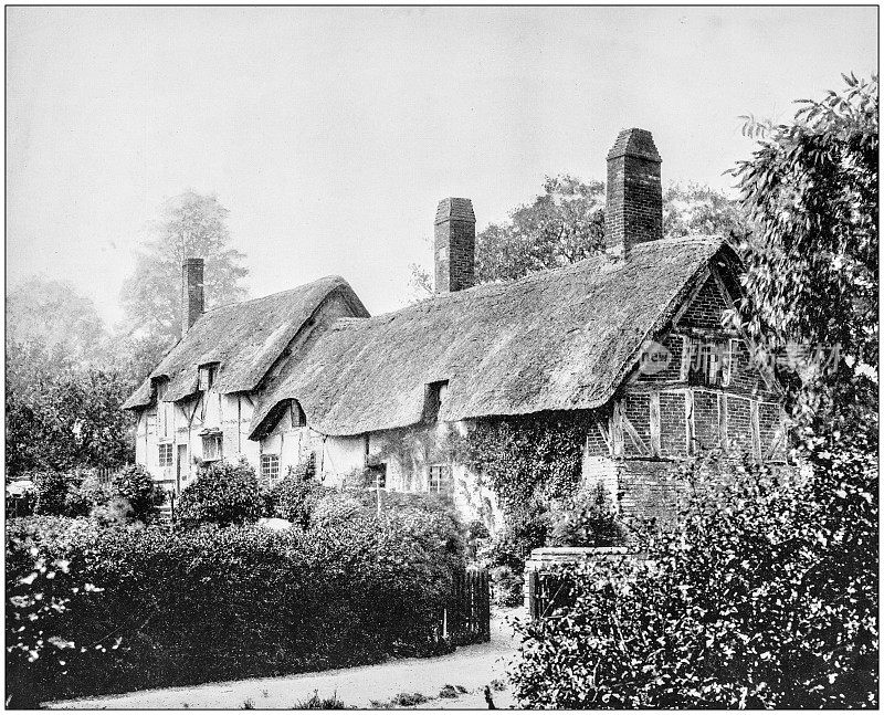 世界著名景点的古董照片:英国埃文河畔斯特拉特福德的安妮・海瑟薇小屋