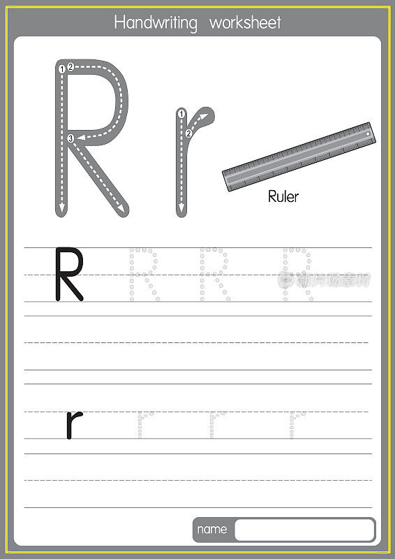 矢量插图标尺与字母R大写字母或大写字母的儿童学习练习ABC