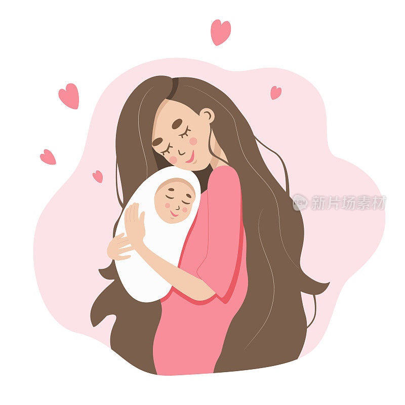年轻母亲和新生儿。幸福的女人小心地拥抱着她的孩子。向量插图的妈妈抱着她的孩子在她的手臂。白色背景上孤立的卡通人物