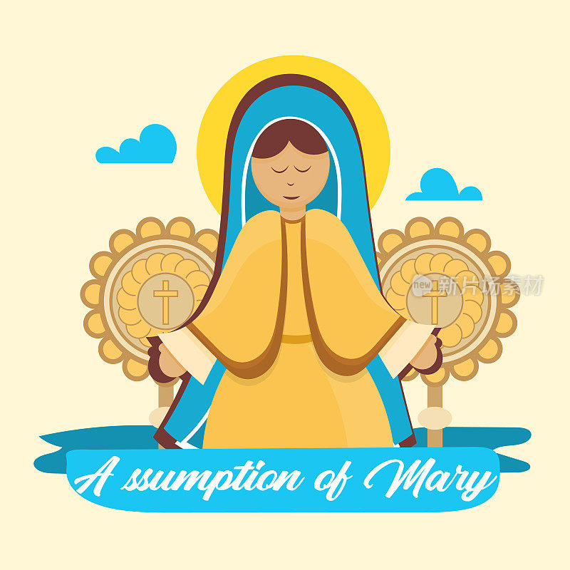 圣母升天矢量插图为贺卡，圣母玛利亚横幅8月15日。重要的一天