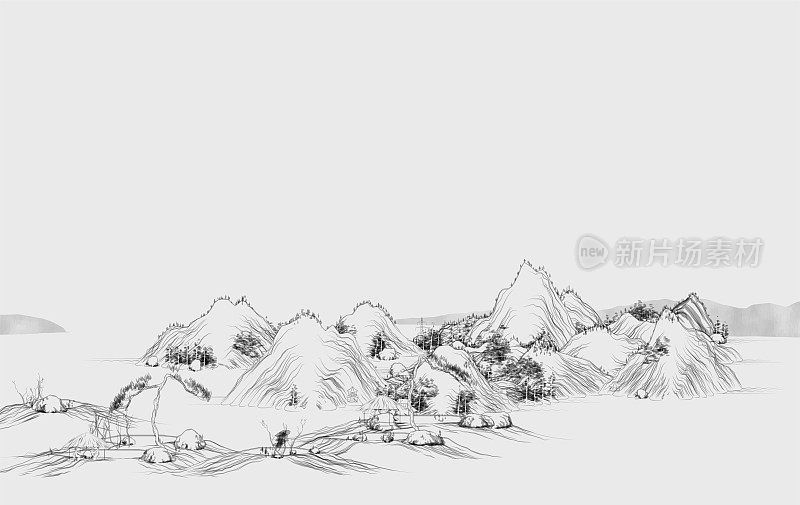 抽象的中国传统山水画，山河自然插画