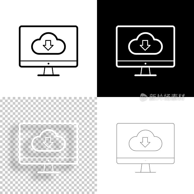 云下载到桌面计算机。图标设计。空白，白色和黑色背景-线图标