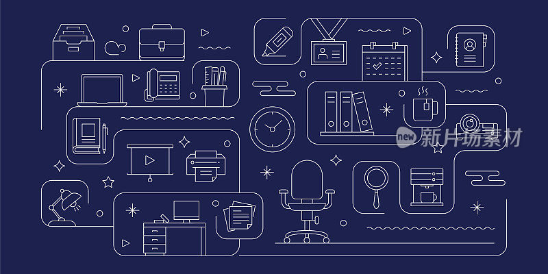 办公室和工作空间相关矢量横幅设计概念，现代线条风格与图标