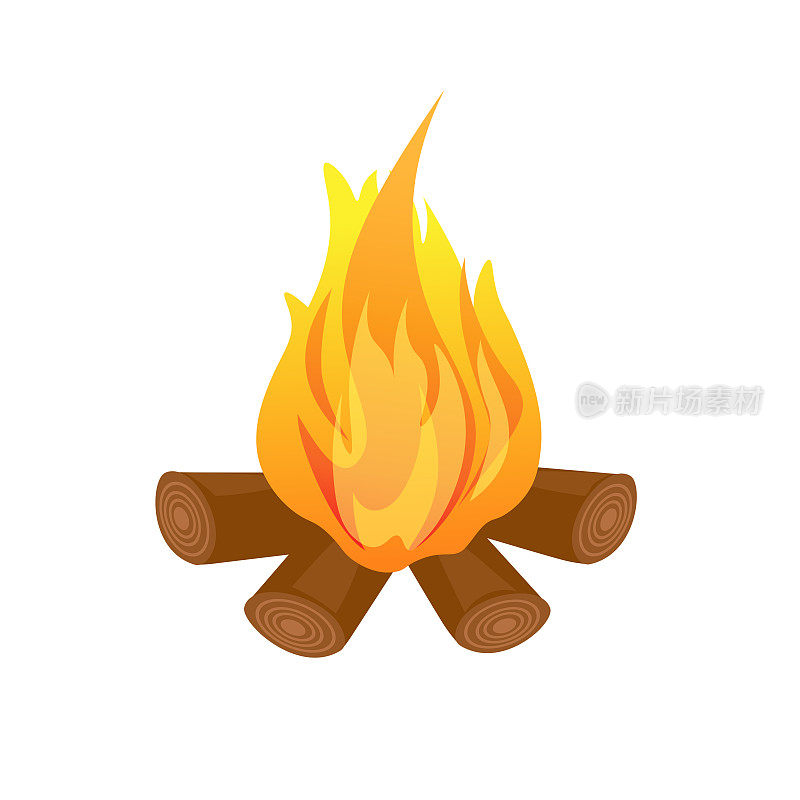 木头篝火矢量图。户外篝火，燃烧原木的火，野营壁炉。柴火焰燃烧。孤立的卡通图