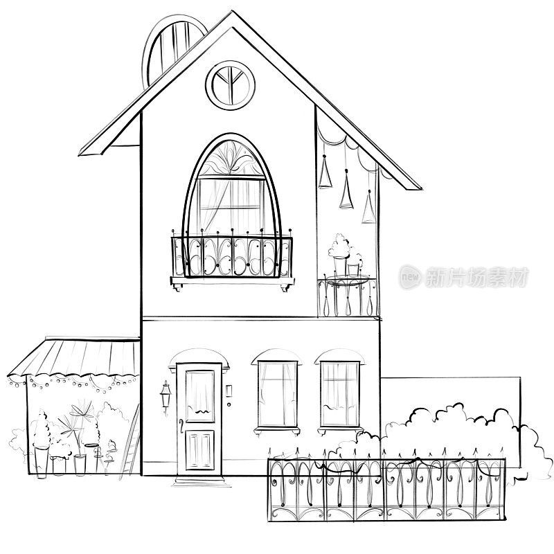 插图可爱舒适的郊区房子黑白素描与铁艺栅栏屋顶阁楼和灯笼欧式风格