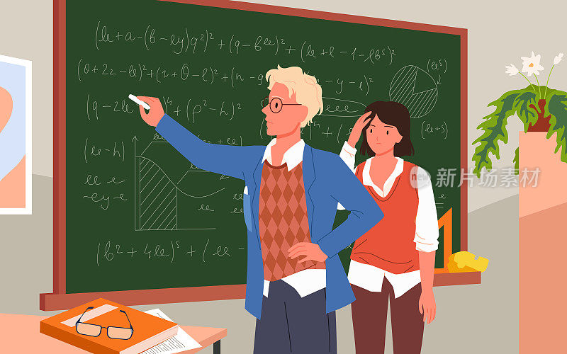 老师在学校课堂上讲解数学，男人站在黑板前拿着粉笔
