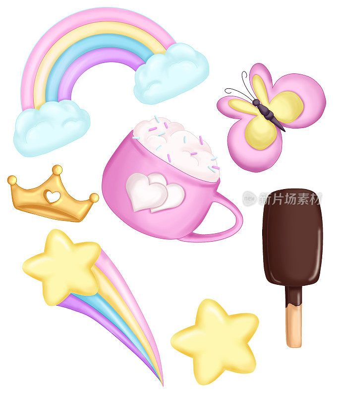 一套女孩贴纸彩虹，皇冠，冰淇淋拉洛奇卡，杯子，蝴蝶，星星