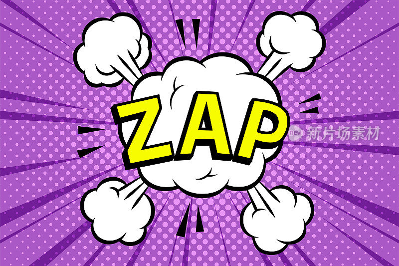 ZAP，漫画书的抽象背景。爆发性背景下波普艺术风格的滑稽话语泡泡