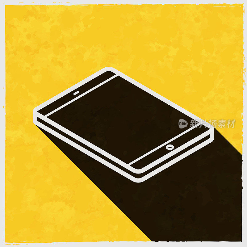 等距平板电脑-平面位置。图标与长阴影的纹理黄色背景