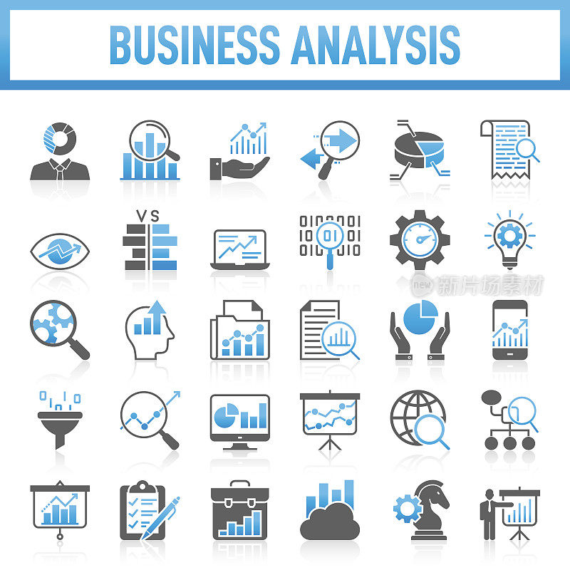 现代通用商业分析图标集合。该套图标包括:分析、数据、大数据、研究、检查、图表、图表、专业知识、规划、建议