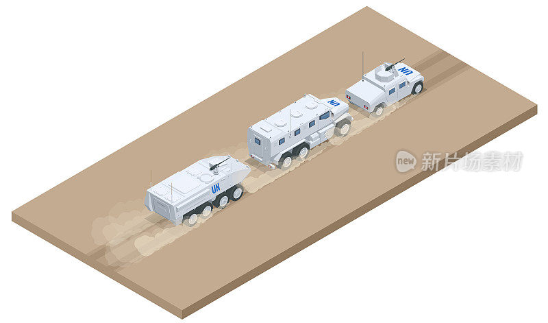 军用装备等距柱在路上行驶。军用车辆孤立的白色背景军事重型卡车