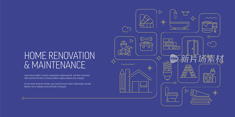 家庭装修相关矢量横幅设计概念,现代线条风格与图标