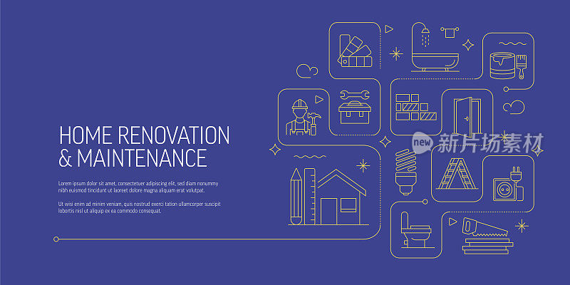 家庭装修相关矢量横幅设计概念，现代线条风格与图标