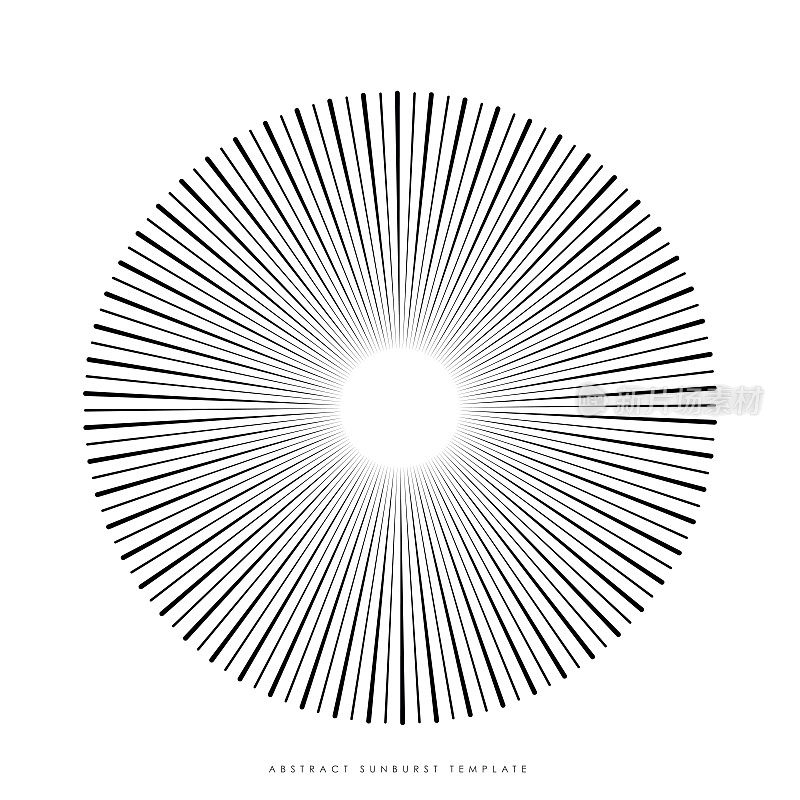几何手绘太阳爆发,太阳光束。恒星以线的形式发光,线性的阳光波。夏季又象征日落、日出和放射烟火。复古风格矢量股票插图