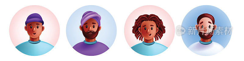 3D多样的人头像，微笑的年轻学生头像，矢量人物卡通脸工具包。