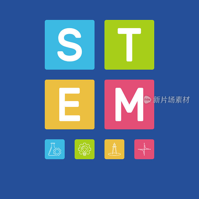 STEM字与图标矢量插图在蓝色背景