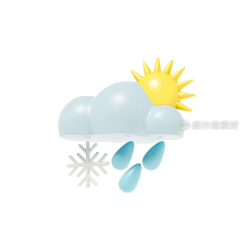 矢量3D现实立体蓝色云与三个水滴，雪花和闪亮的太阳。渲染图标与雪和晴雨天气预报