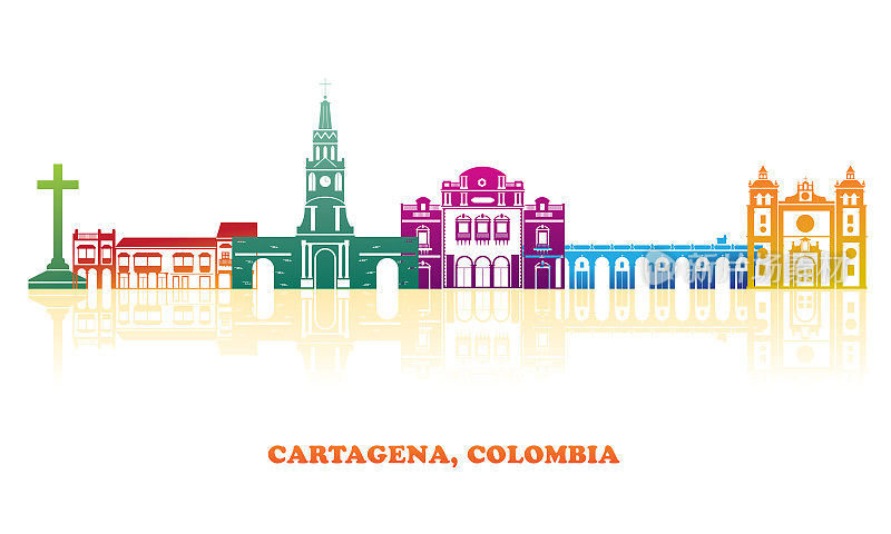 哥伦比亚卡塔赫纳市彩色天际线全景图