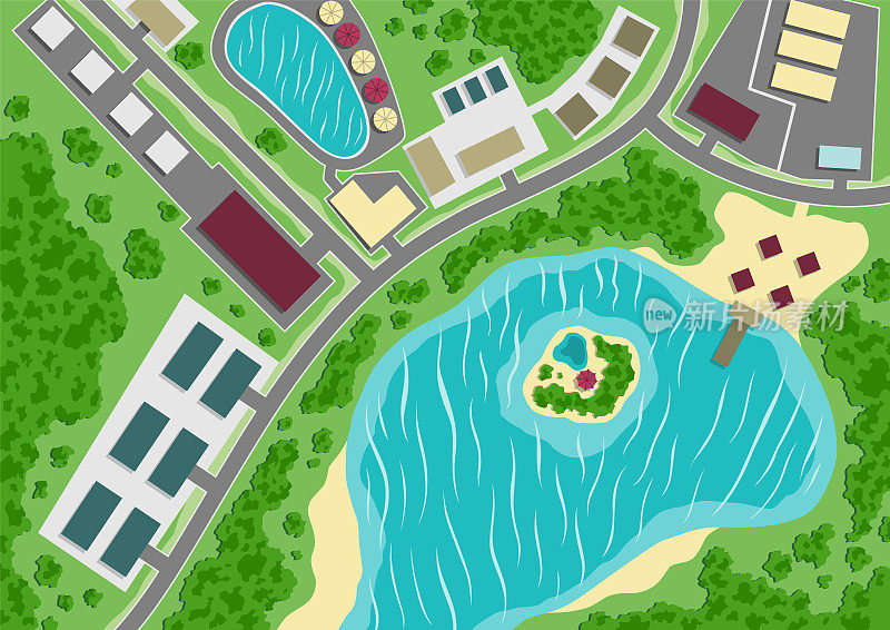 郊区的地图。村庄带湖，鸟瞰。可编辑的矢量规划一般住宅区域。GPS，城市导航，道路建筑，公园和湖泊