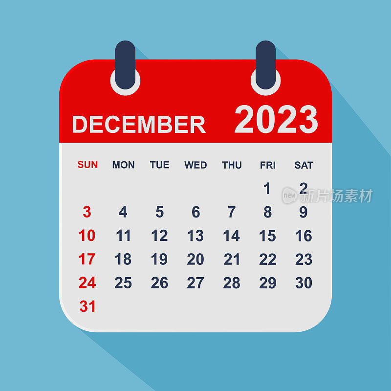 2023年12月月历叶。一周从周日开始。业务矢量图