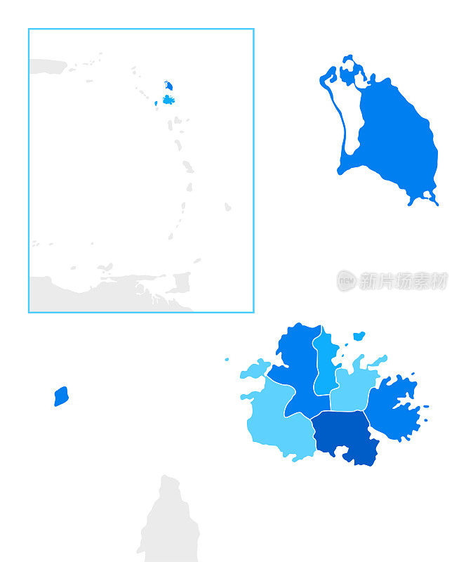 安提瓜和巴布达简单的蓝色地图与地区