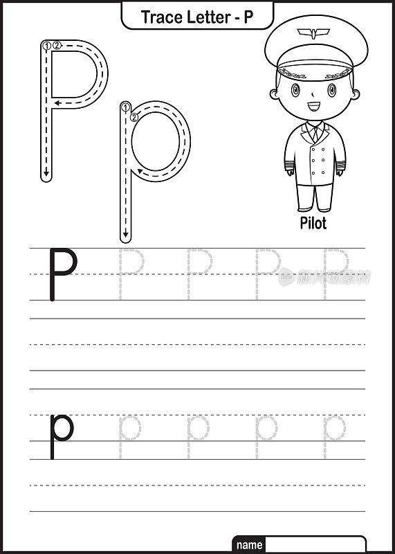 字母跟踪字母A到Z学龄前工作表与字母P试点专业