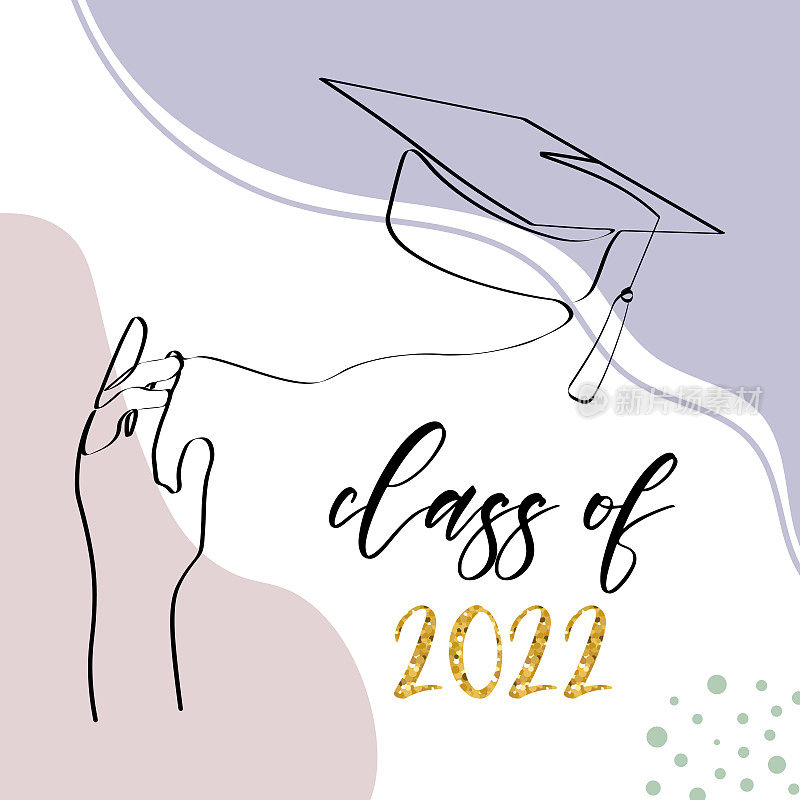 2022级。一条线的艺术与学生抛起他的毕业帽。时髦的一条线画设计图形矢量插图。