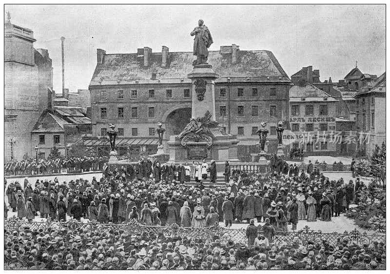 古董图片:亚当・米基维奇纪念碑，华沙，就职典礼