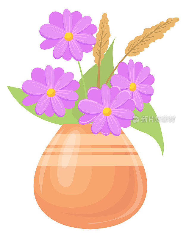 卡通花瓶图标。陶瓷壶里的紫花