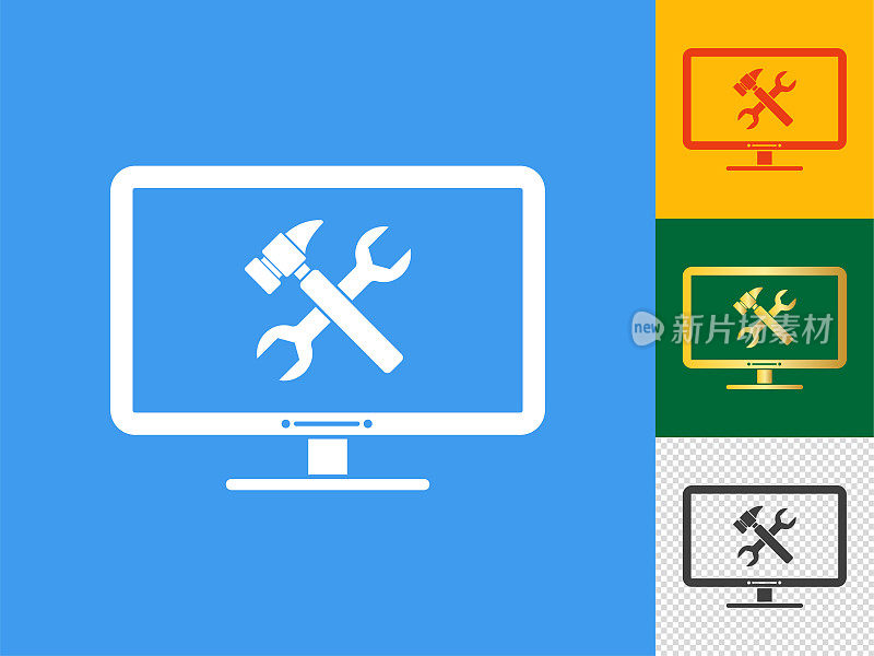 电脑屏幕与扳手和锤子图标设置。