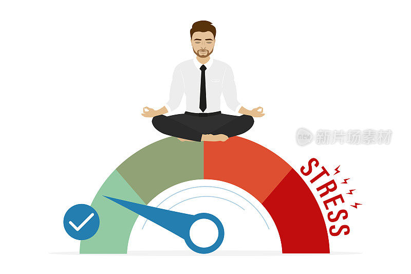 压力测试，员工不受心理压力影响。男职员冷静，精神健康。商人坐在莲花瑜伽姿势在秤上。休息时间。